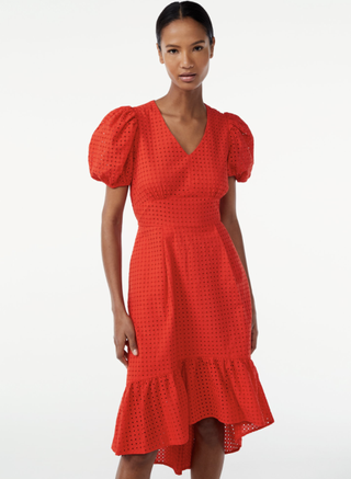 Scoop + High Low Eyelet Midi Dress with Puff Sleeves