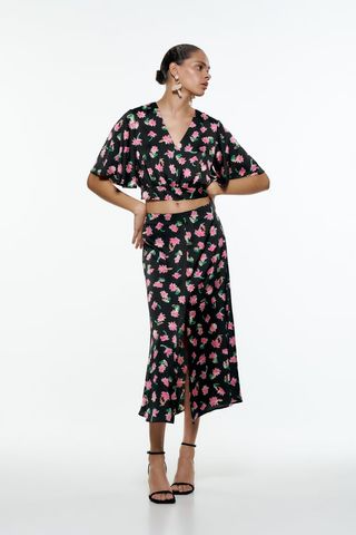 Zara + Floral Crop Blouse and Satin Effect Skirt