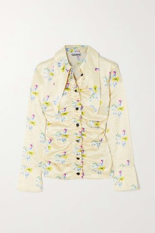 Ganni + Crinkled Floral-Print Recycled Satin Shirt