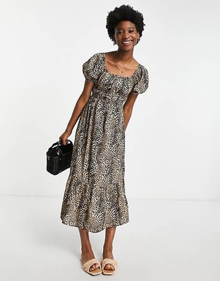 Influence + Puff Sleeve Tiered Midi Dress in Leopard Print