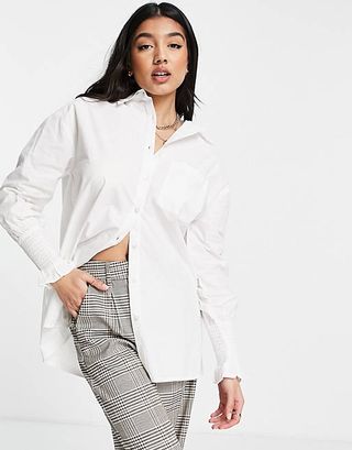 Influence + Poplin Shirt With Gathered Sleeve in White