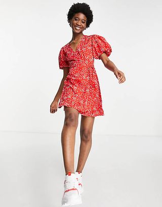 Influence + Puff Sleeve Wrap Dress in Red Floral
