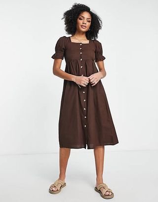 Influence + Button Up Midi Dress in Chocolate Brown