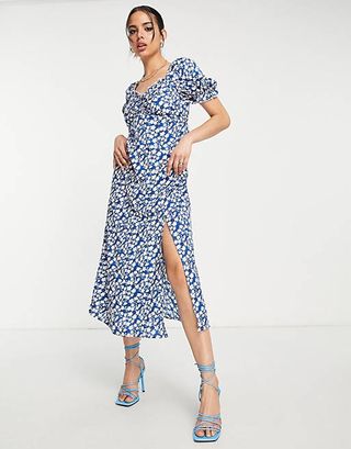 Ax Paris + Short Sleeve Midi Dress in Blue Floral