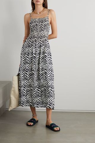 Faithfull the Brand + Nolie Shirred Zebra-Print Cotton-Voile Midi Dress