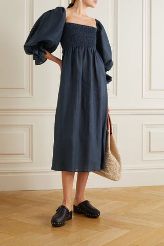Sleeper + Atlanta Off-The-Shoulder Shirred Gingham Linen-Blend Midi Dress