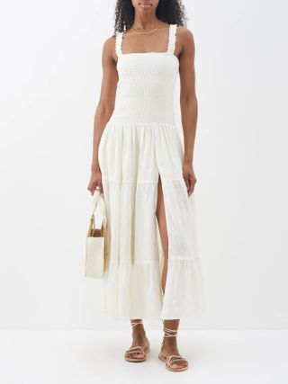 Boteh + Slit-Skirt Shirred Linen Dress