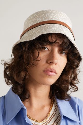 Loewe + Leather-Trimmed Embroidered Cotton-Blend Bucket Hat
