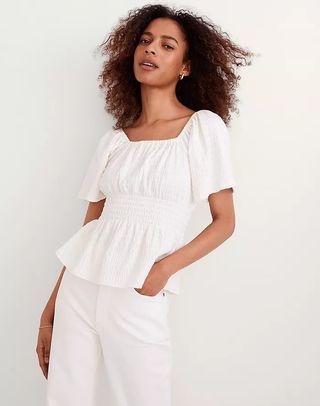 Madewell + Crinkle-Knit Square-Neck Smocked Top