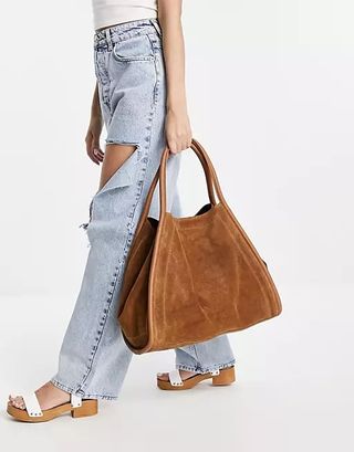 Asos Design + Suede Tote With Tubular Piping in Tan