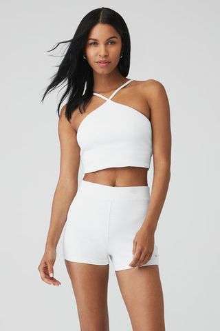 Alo Yoga + Goddess Ribbed Cross Crop Top in White