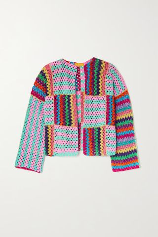 Rose Carmine + Metallic Crochet-Knit Cardigan