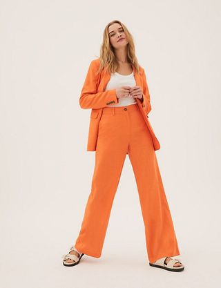 Marks and Spencer + Linen Blend Wide Leg Trousers