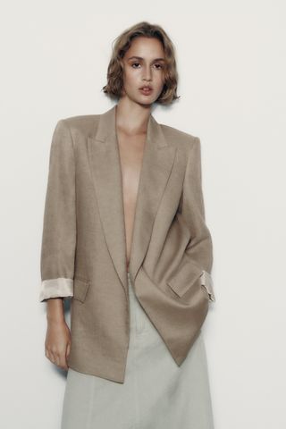 Zara + Linen Blend Printed Cuff Blazer