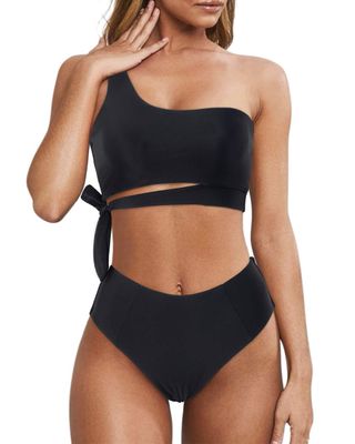 Mooslover + One Shoulder High Waisted Bikini Tie High Cut Two Piece Swimsuits