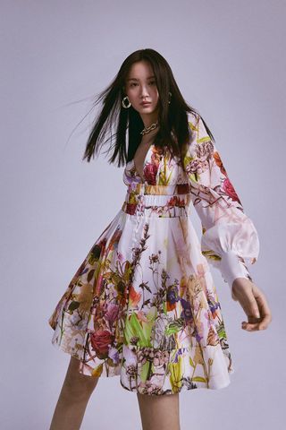 Karen Millen + Wild Rose Garden Border Silk Cotton Mini Dress