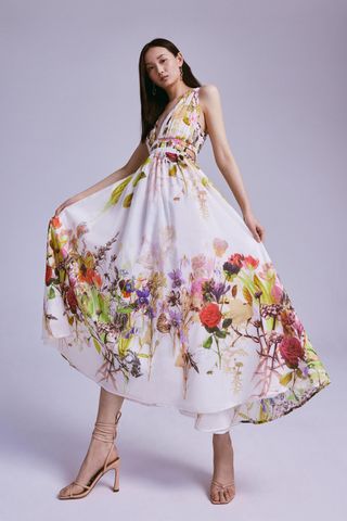Karen Millen + Wild Rose Garden Border Silk Cotton Maxi Dress