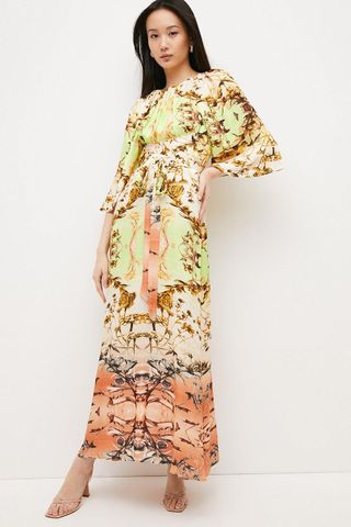 Karen Millen + Mirrored Tulipa Print Woven Satin Maxi Dress