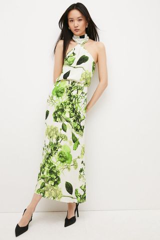 Karen Millen + Spring Green Botanical Bunches Woven Halter Midi Column Dress