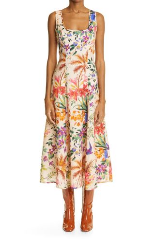 Zimmermann + Tropicana Floral Print Cutout Linen Midi Dress