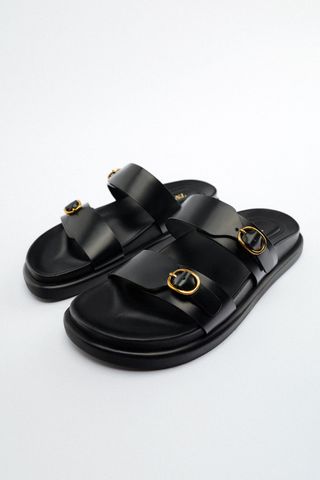 Zara + Buckled Flat Leather Sandals