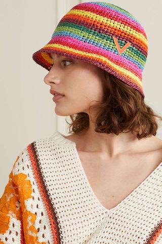 Valentino + Embellished Striped Crochet Bucket Hat