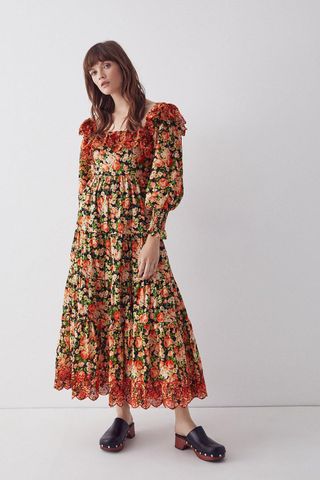 Warehouse + Embroidery Square Neck Tier Maxi Dress