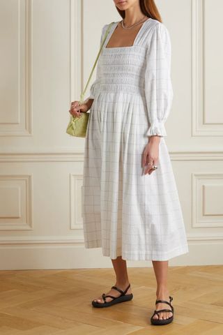 Bouguessa + Gonca Shirred Checked Cotton-Blend Seersucker Midi Dress