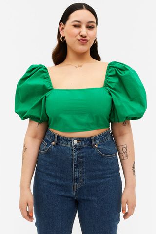 Monki + Green Cropped Puff Sleeve Top