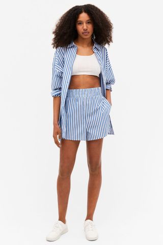Monki + White And Blue Striped Shorts