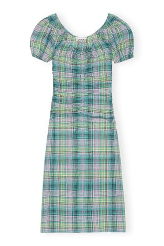 Ganni + Seersucker Check Gathered U-Neck Midi Dress