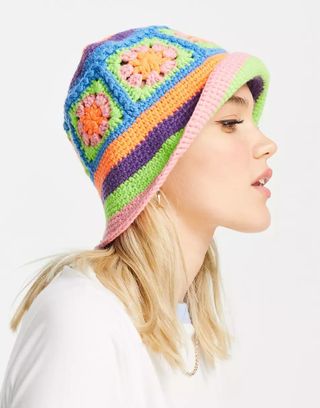 ASOS Design + Crochet Bucket Hat in Bright Multi Colors