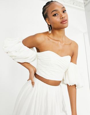 Asos Edition + Linen Off Shoulder Pleated Top in Ivory