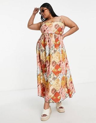 Asos Curve + Scallop Edge Cut Out Back Midi Sundress in Patchwork Floral