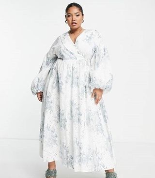 Asos Edition + Smock Printed Broderie Midi Dress With Collar in White