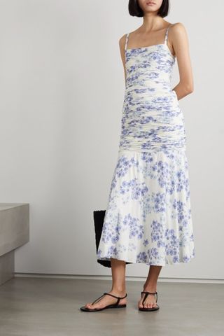 Peony + Ruched Floral-Print Organic Cotton Midi Dress