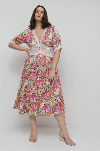 Warehouse + Satin Lace Tea Midi Dress in Floral