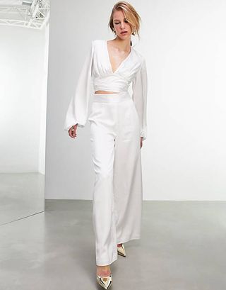 ASOS Edition + Satin Wide Leg Pants in Ivory