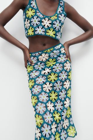 Zara + Floral Crochet Knit Skirt