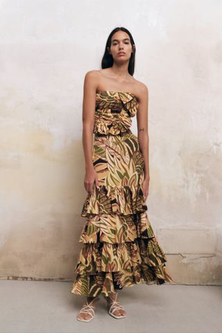 Zara + Linen Blend Ruffled Printed Skirt