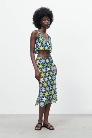 Zara + Floral Crochet Knit Skirt