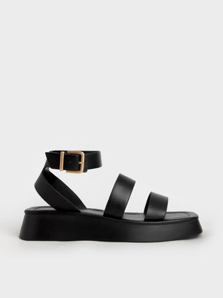 Charles & Keith + Black Square Toe Ankle-Strap Sandals