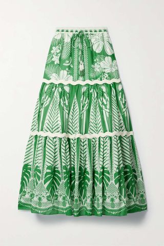Farm Rio + Tiered Ric Rac-Trimmed Printed Cotton-Voile Maxi Skirt
