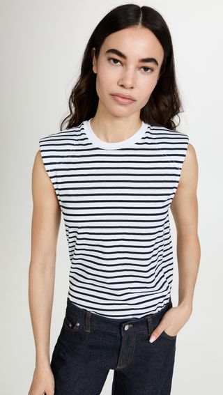 Tibi + Striped T-Shirt Padded Shoulder Sleeveless Top