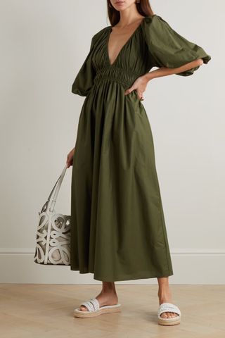 Matteau + Pleated Shirred Cotton-Poplin Midi Dress