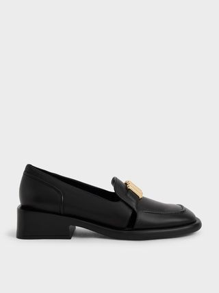 Charles & Keith + Black Embellished Leather Loafers