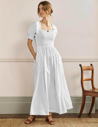 Boden + Smocked Bodice Midi Dress - White