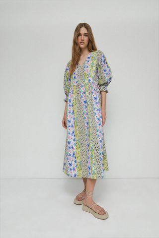 Warehouse + Floral Print Mix Cotton Wrap Midi Dress