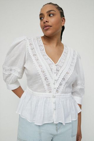 Warehouse + Plus Size Lace Embroidery Button Front Blouse