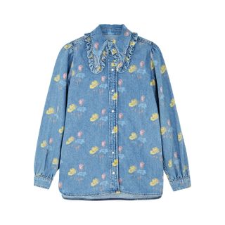 Ganni + Blue Floral-Print Denim Shirt